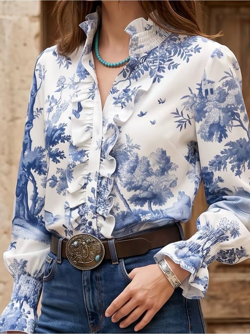 Ruffled Blue & White Toile Blouse - Women's Elegant Long Sleeve Top